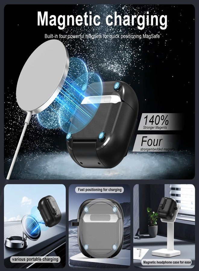 MHYALUDO جراب MHYALUDO لسماعات AirPods 4 مع طقم تنظيف مجاني، غطاء مقاوم للصدمات، مسند قابل للتعديل مانع للانزلاق، طلاء مقاوم لبصمات الأصابع، غطاء حماية كامل من السقوط مع حبل، أسود - Image 4